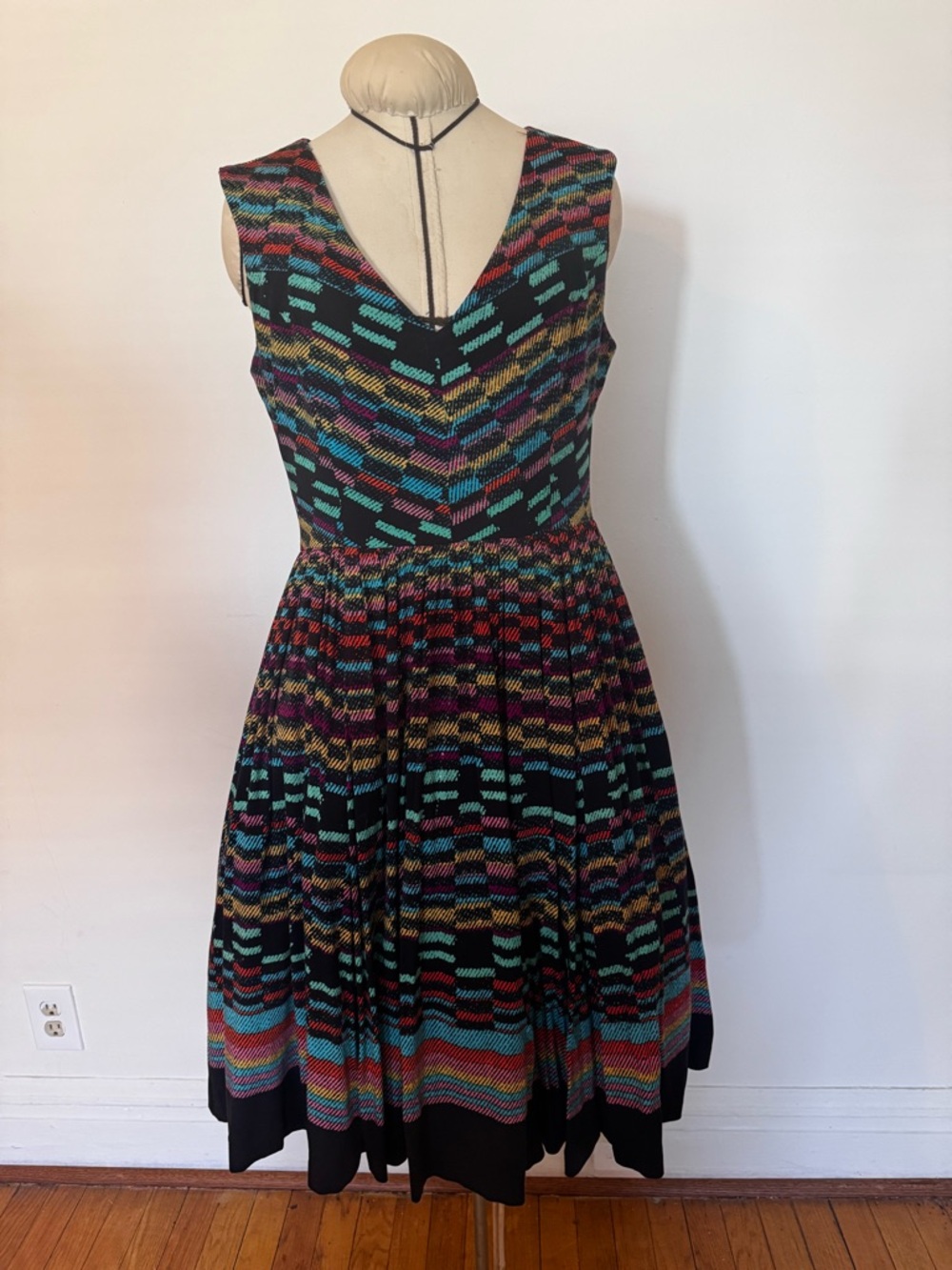 Tracy Reese Black Multicolor Knit V-Neck Fit & Flare Midi Dress